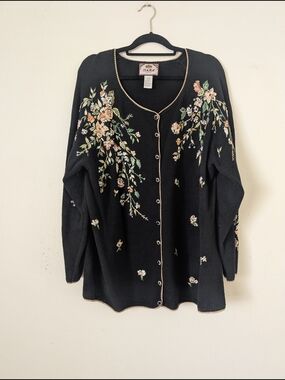 Vintage 80s Black Floral Embroidered Cardigan, Size 18/20 AS IS